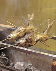今が旬のアユを、目の前で炭火焼きに